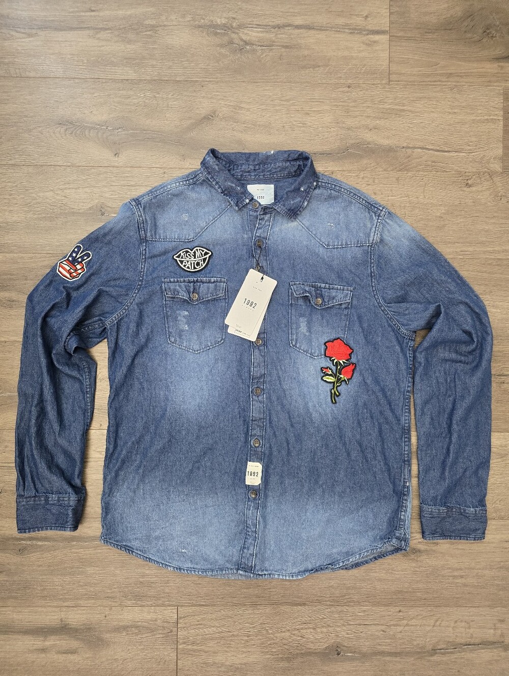 1992 Men's Zip Code Denim Shirt Playful Embroidered Patches Size XL